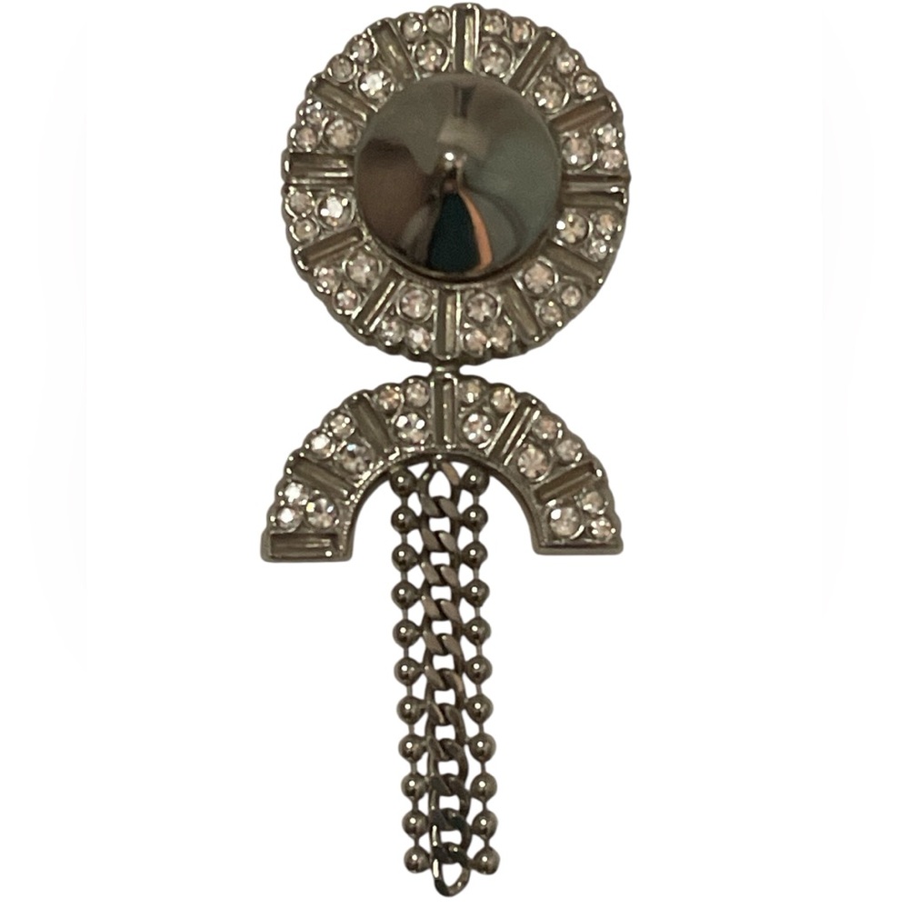 Vintage Modernist Deco Revival Brooch Silver Tone Dome Center Rhinestones Chains